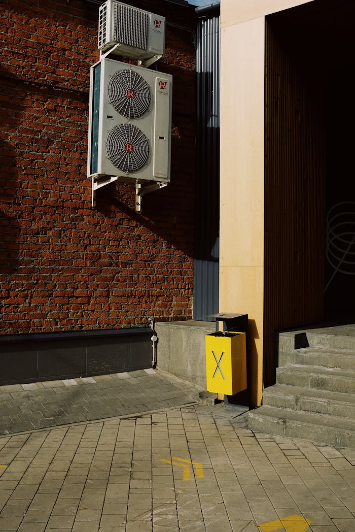 About Modern exterior with HVAC units on a brick wall and a yellow waste bin near stairs.